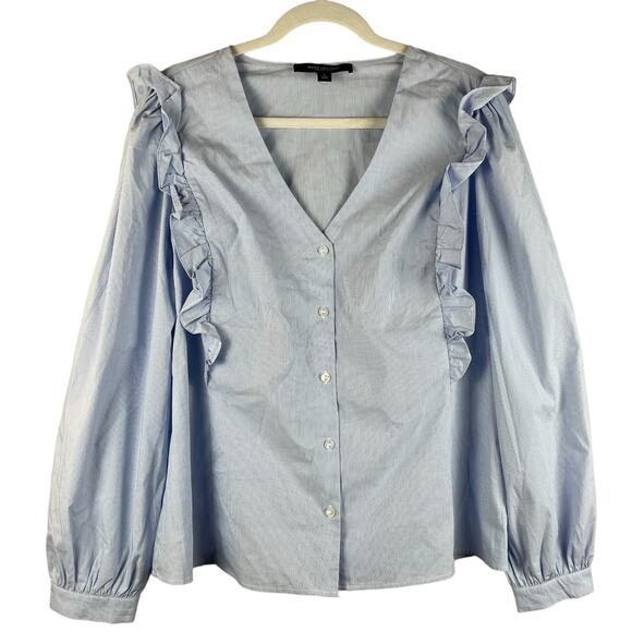 Marc New York Lightweight Blue & White Ruffled V-Neck Blouse Size Large - Picture 3 of 9